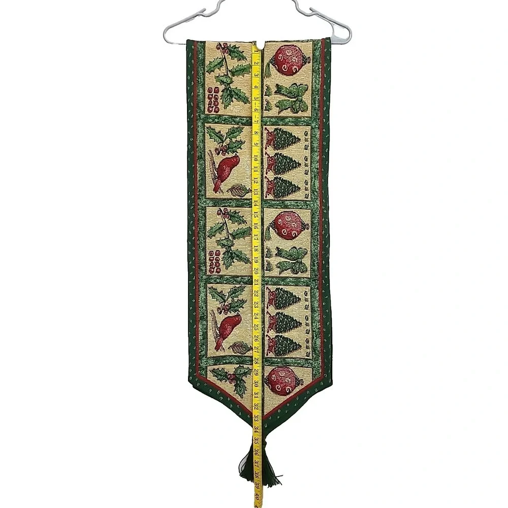 Christmas Tapestry Table Runner Cardinal Birds Ornaments Trees Holiday 5' 8